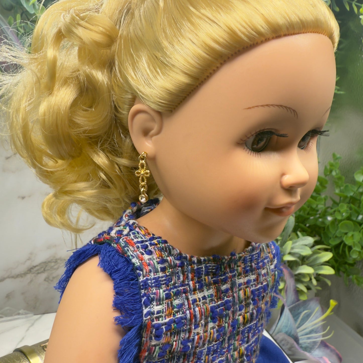 Gold Filigree Clear Rhinestone Dangle Doll Earrings • 18 Inch Fashion Doll Jewelry