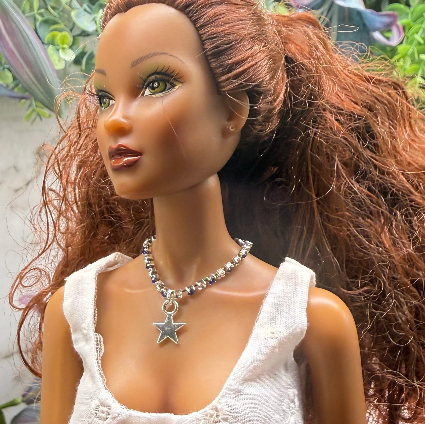 Blue & Clear Rhinestone Silver Star Charm Doll Necklace for 16 Inch Fashion Doll