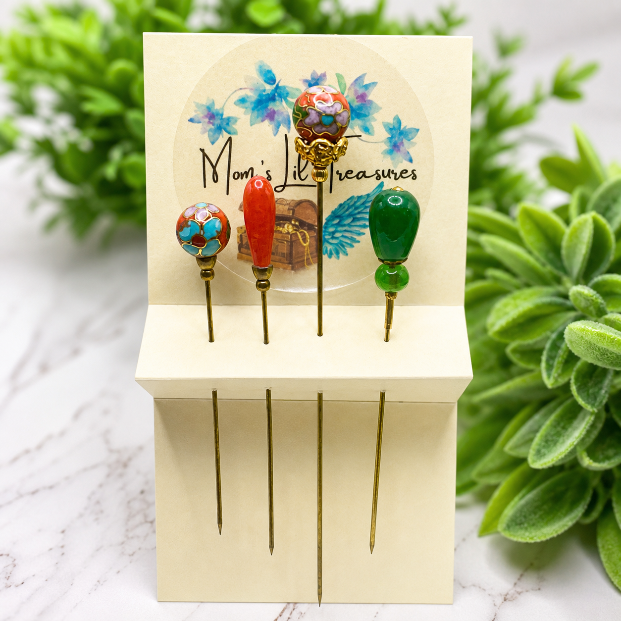 Green Orange Glass Flower Cloisonné Set of 4 • Stick Pins, Hatpins Gifts for Her