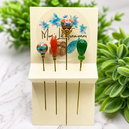 Green Orange Glass Flower Cloisonné Set of 4 • Stick Pins, Hatpins Gifts for Her