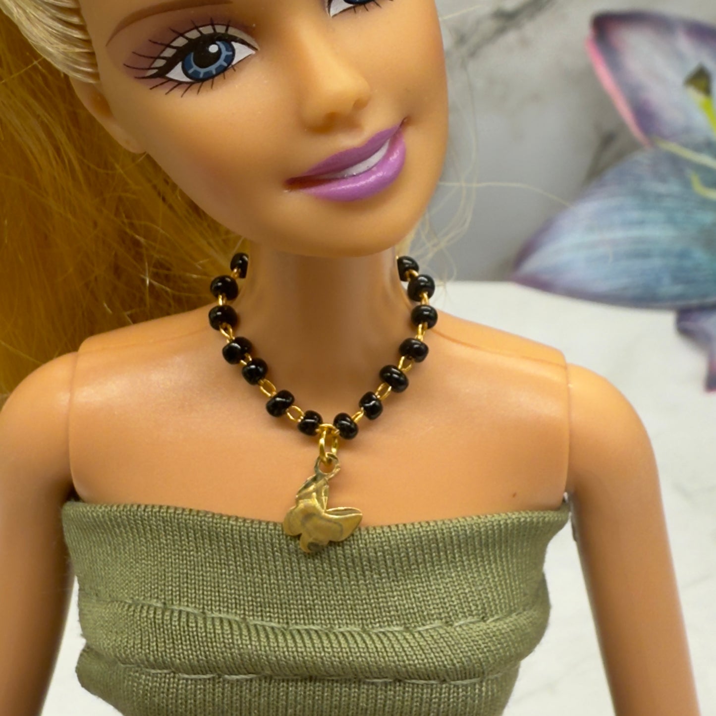 Black Beaded Gold Chain Butterfly Charm Doll Necklace • 10-12” 1:6 Fashion Doll Jewelry