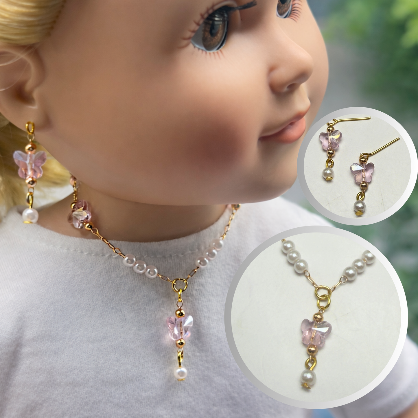 Pink Acrylic Crystal Butterfly & Pearl Gold Doll Necklace & Earrings • 18 Inch Fashion Doll Jewelry