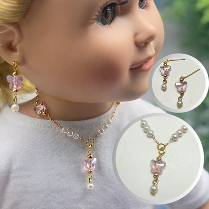 Pink Acrylic Crystal Butterfly & Pearl Gold Doll Necklace & Earrings • 18 Inch Fashion Doll Jewelry