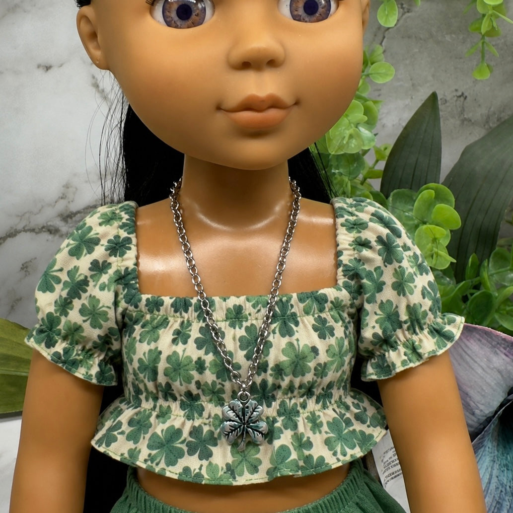 Four Leaf Clover Luck Green Enamel Silver Pendant Doll Necklace • 18 Inch Fashion Doll Jewelry