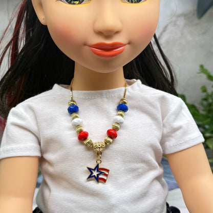 Red White Blue Gold Beaded Americana Star Charm Doll Necklace for 18 Inch Fashion Doll