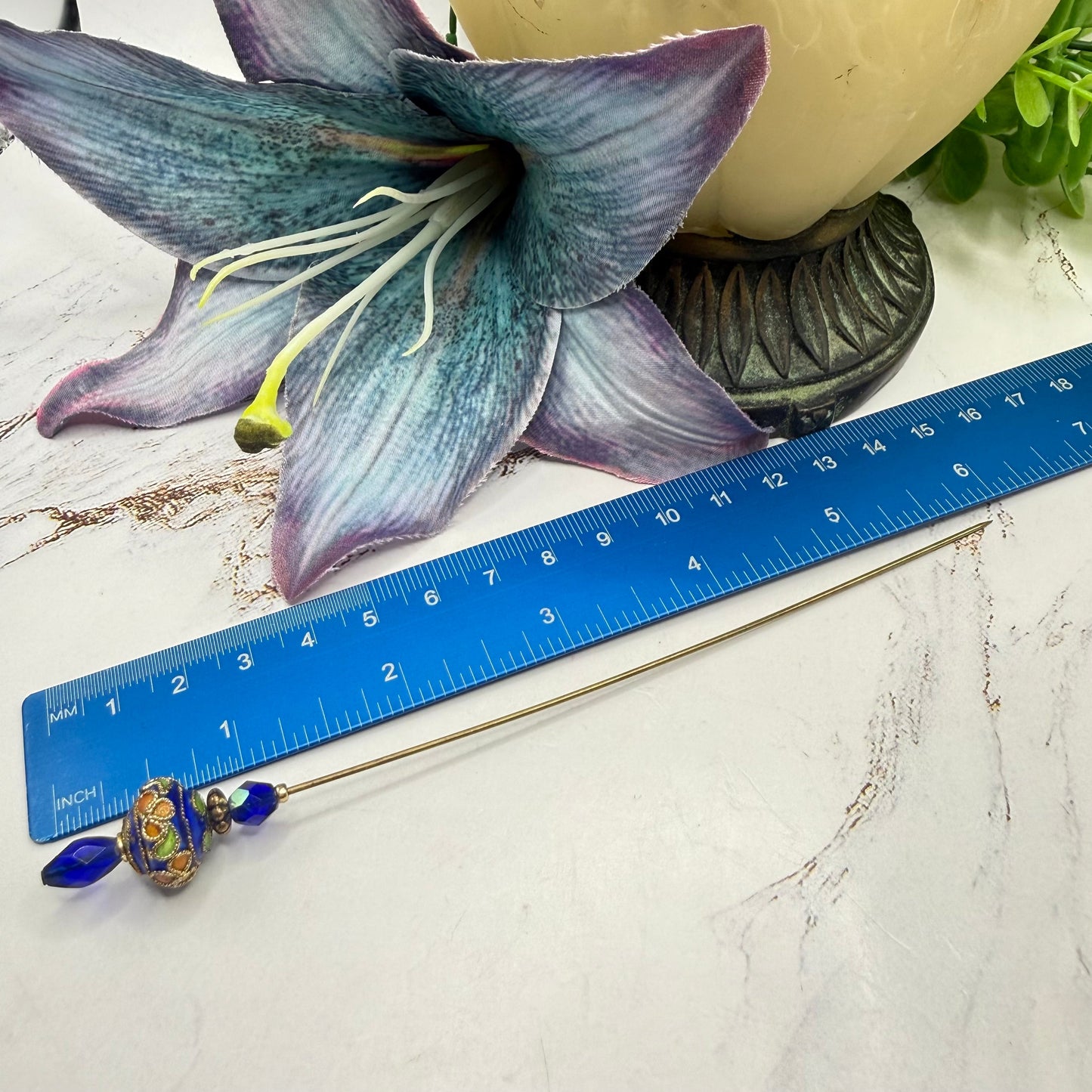 Cobalt Blue Crystal Bright Color Floral Swirl Design Cloisonné - 6 Inch • Hatpin - Stick Pin