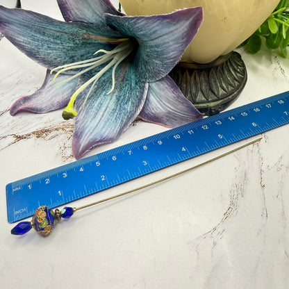Cobalt Blue Crystal Bright Color Floral Swirl Design Cloisonné - 6 Inch • Hatpin - Stick Pin