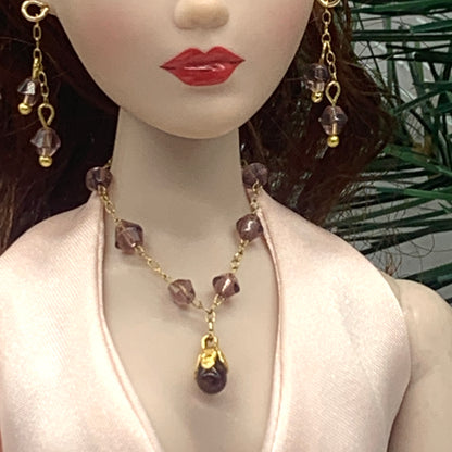 Purple Glass Teardrop Gold Doll Necklace Earrings Set • 16” Fashion Doll Jewelry