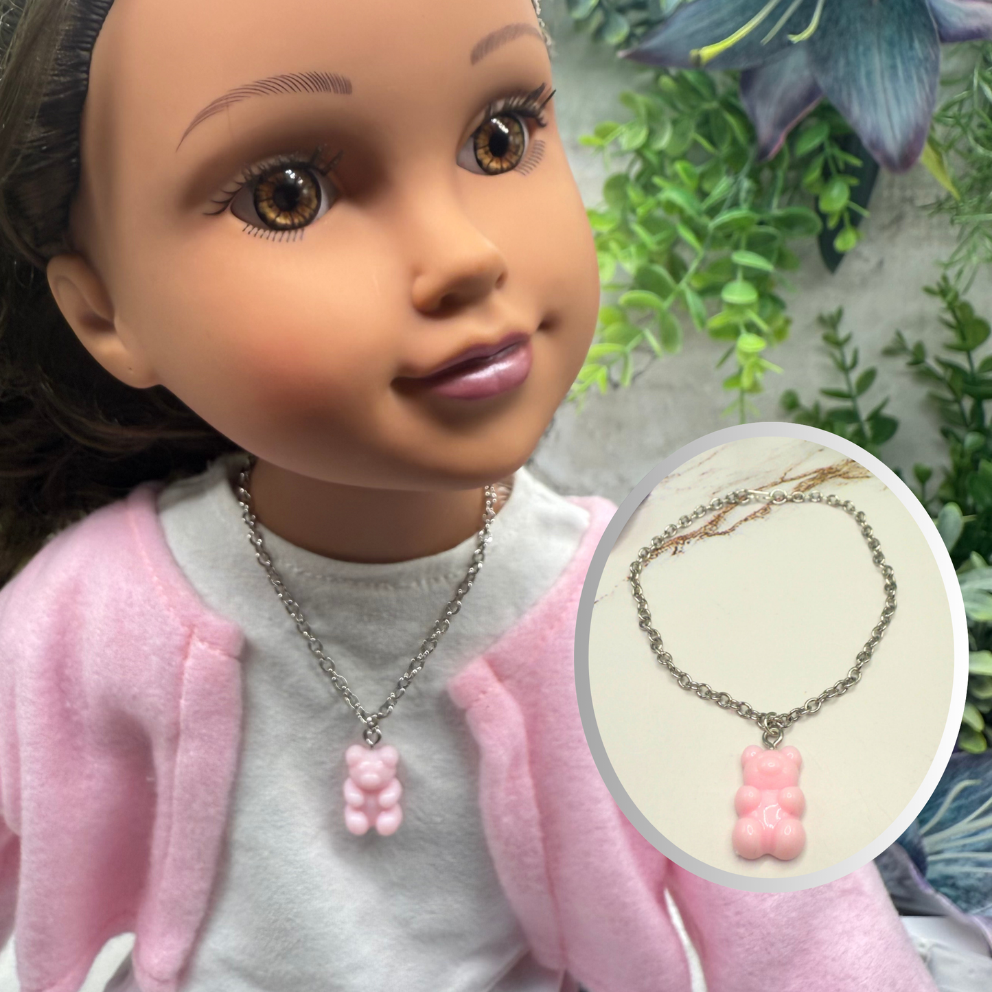 Light Pink Gummi Teddy Bear Charm Doll Necklace • 18 Inch Fashion Doll Jewelry