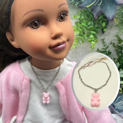 Light Pink Gummi Teddy Bear Charm Doll Necklace • 18 Inch Fashion Doll Jewelry