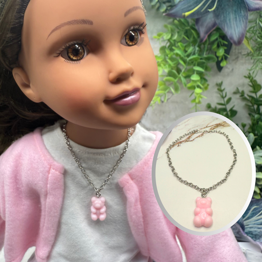 Light Pink Gummi Teddy Bear Charm Doll Necklace • 18 Inch Fashion Doll Jewelry