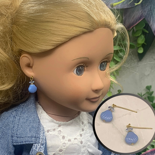Blue Glass Shell Shape & Crystal Dangle Doll Earrings • 18” Doll Jewelry