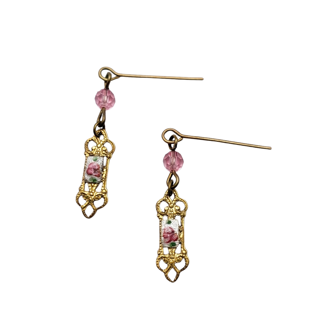 Pink Crystal Rose Design Gold Filigree Dangle Doll Earrings • 16” Doll Jewelry
