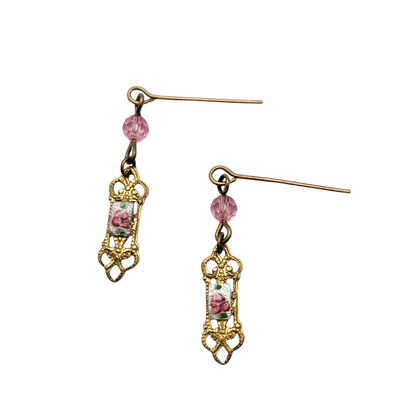 Pink Crystal Rose Design Gold Filigree Dangle Doll Earrings • 16” Doll Jewelry