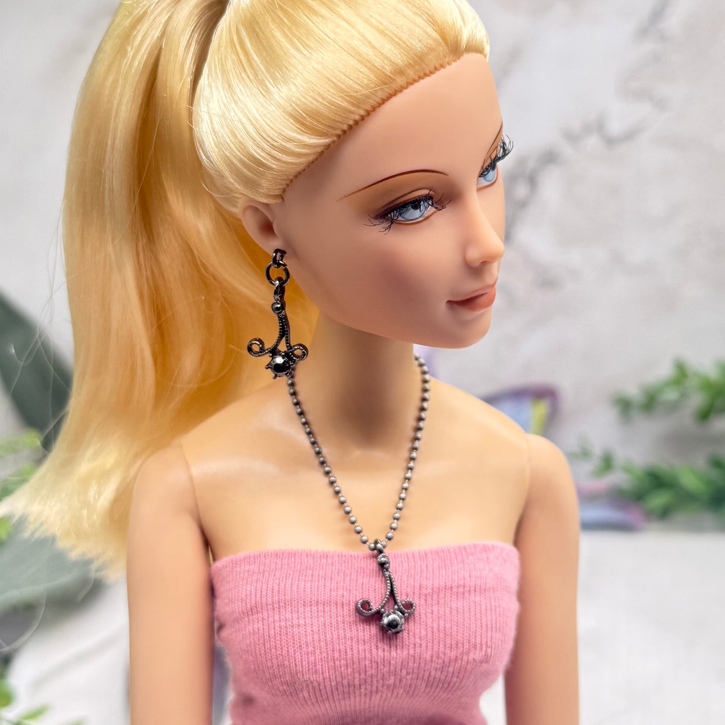 Black Dark Scroll Design Gray Metallic Rhinestone Ball Chain Doll Necklace & Earrings • 16 Inch Fashion Doll Jewelry