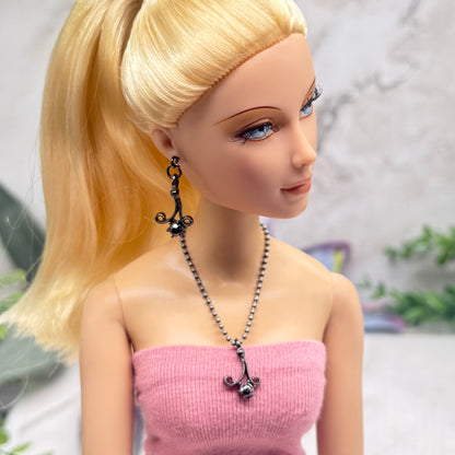 Black Dark Scroll Design Gray Metallic Rhinestone Ball Chain Doll Necklace & Earrings • 16 Inch Fashion Doll Jewelry