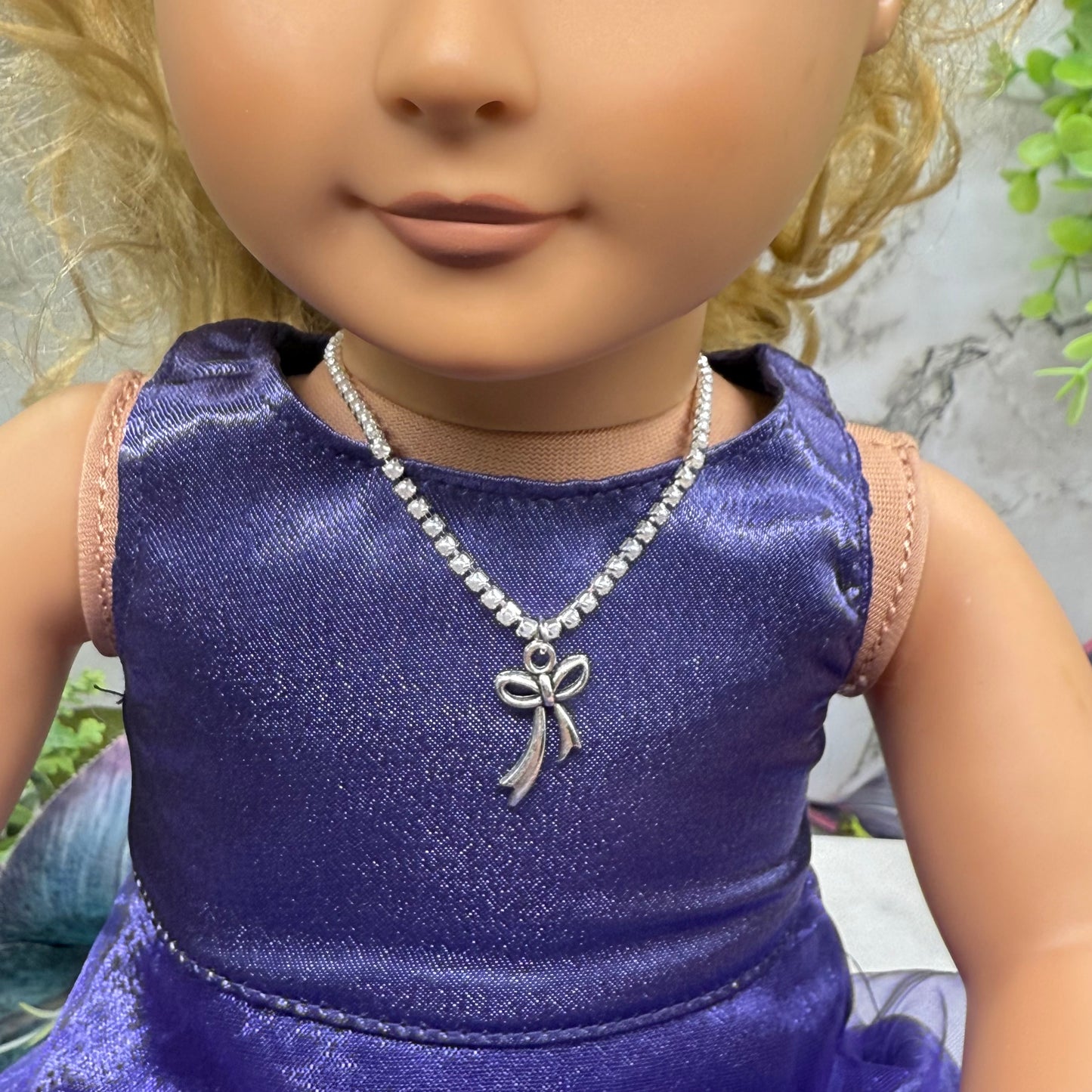 Tiny Pearl Cup Chain Silver Necklace Silver Bow Ribbon Charm Doll Necklace for 18 Inch Fashion Doll Jewelry