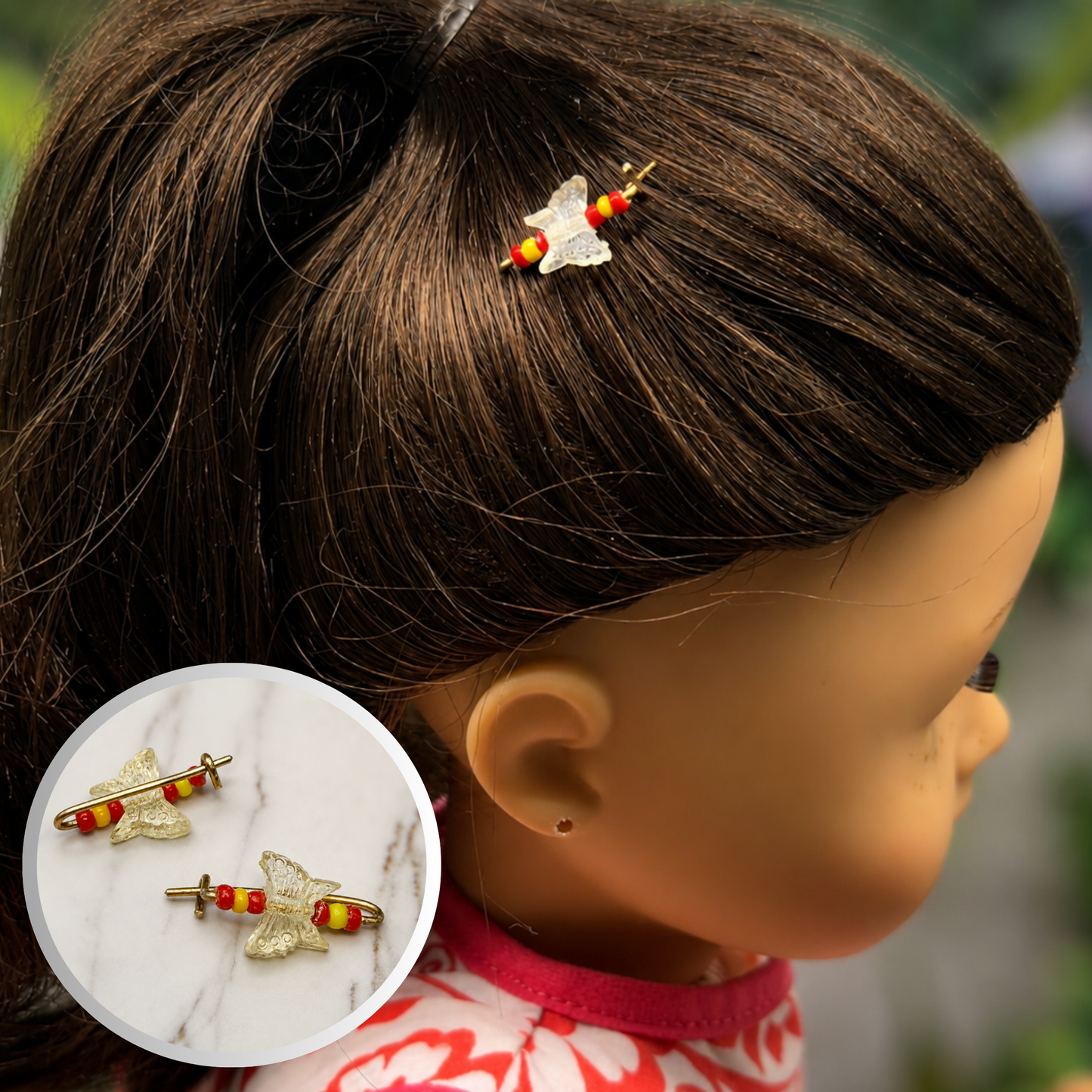 Light Yellow & Red Butterfly Doll Hair Barrettes 14-18” Fashion Dolls • Doll Hair Accessories