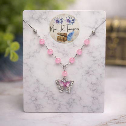 Translucent Pink Bead Butterfly Charm Doll Necklace • 18 Inch Fashion Doll Jewelry