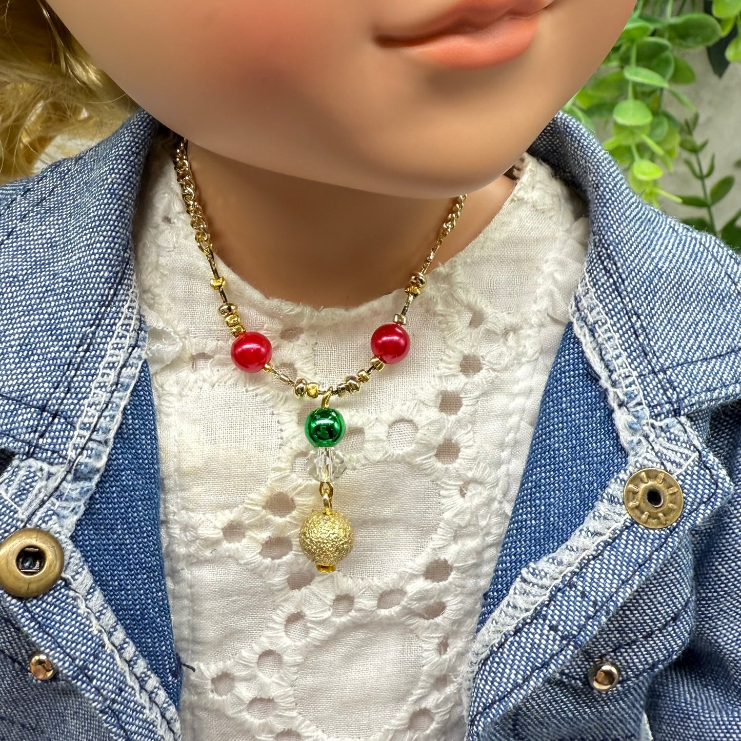 Red Green Christmas Pearl Bead Gold Chain Doll Necklace • 18 Inch Fashion Doll Jewelry