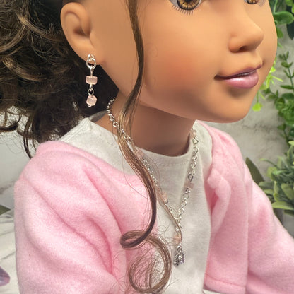 Light Pink Glass Bead Silver Chain Doll Necklace & Earrings • 18 Inch Fashion Doll Jewelry