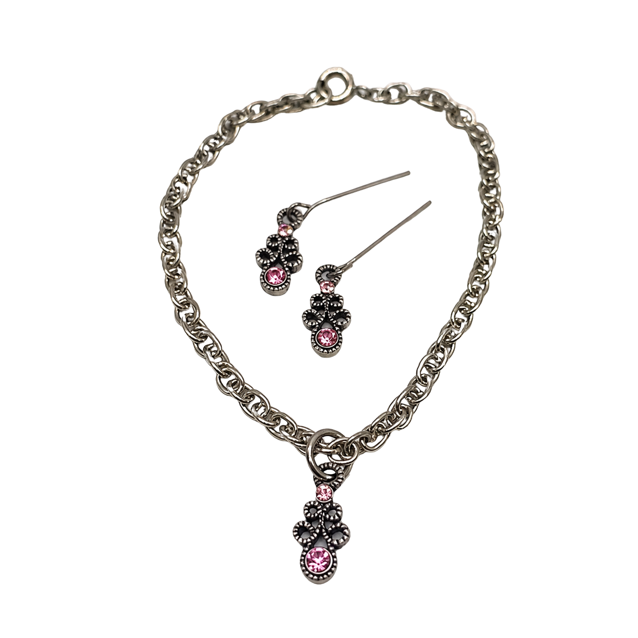 Pink Rhinestone Gun Metal Design Doll Necklace Earring Set • 18” Doll Jewelry