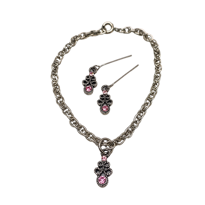 Pink Rhinestone Gun Metal Design Doll Necklace Earring Set • 18” Doll Jewelry