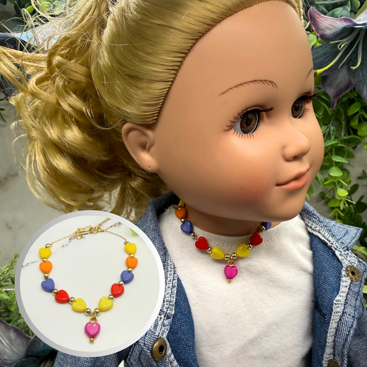 Rainbow Multi Color Heart Bead Doll Necklace • 18 Inch Fashion Doll Jewelry