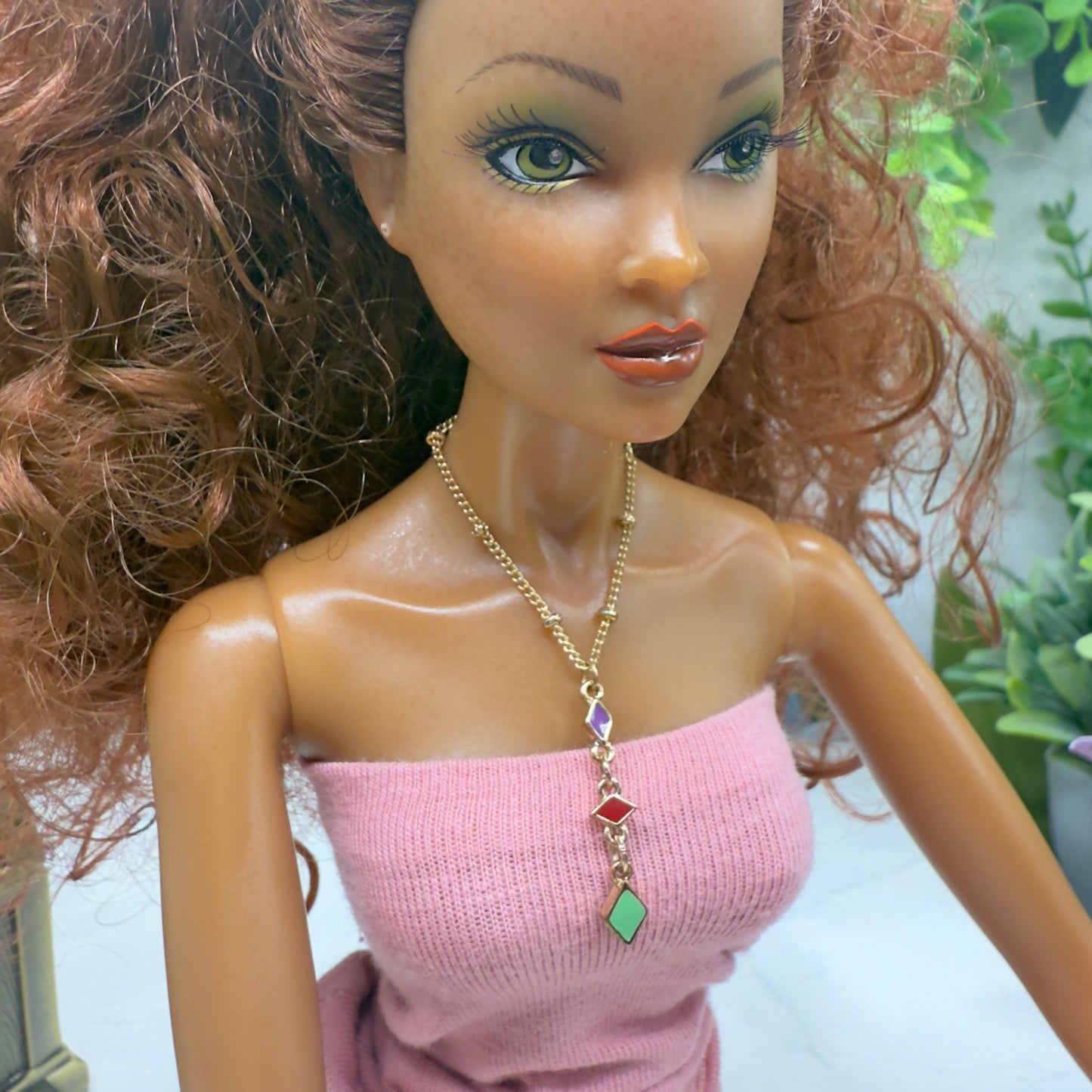 Multi Color Diamond Charm Y-Drop Gold Doll Necklace • 16 Inch Doll Jewelry