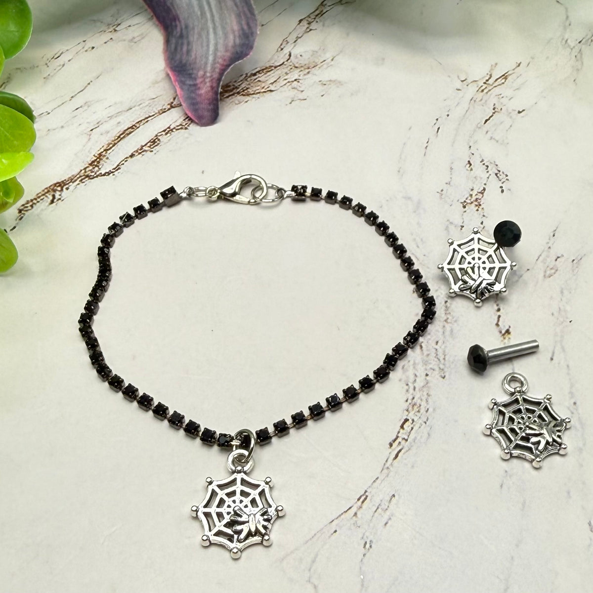 Silver Spider Web Charm Black Rhinestone Doll Necklace & 2mm Post Earrings | for 18 Inch Dolls • American Girl