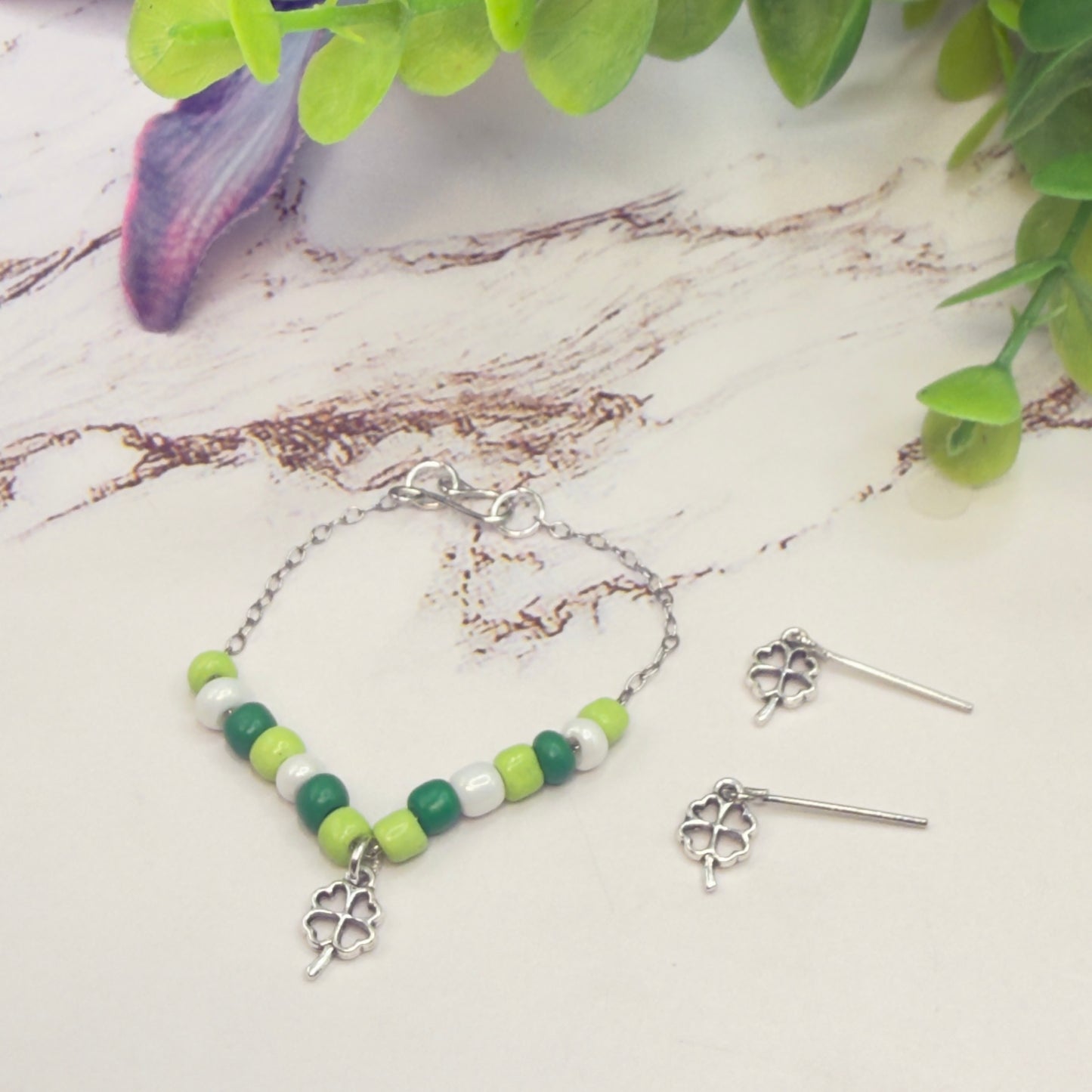 Green White Beaded Silver Four-Leaf Clover Shamrock Charm Doll Necklace & Earrings • 14 Inch Fashion Doll Jewelry