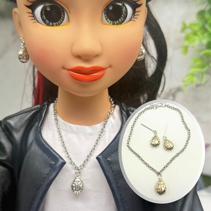 Silver Lady Bug Charm Doll Necklace & Earrings Set • 18 Inch Fashion Doll Jewelry