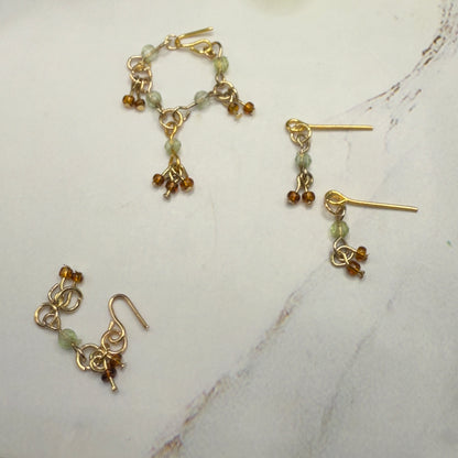 Green Brown Glass Dangle Doll Necklace Earrings Bracelet Set • 10-12” 1:6 Fashion Doll Jewelry