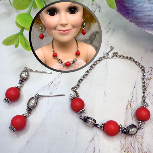Candy Apple Red Pearl & Silver Doll Necklace & Earrings Set • 18 Inch Doll Jewelry