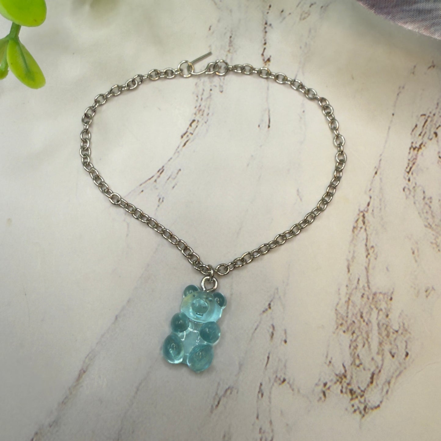 Turquoise Blue Translucent Acrylic Teddy Gummy Bear Charm Silver Chain Doll Necklace 18” Doll Jewelry