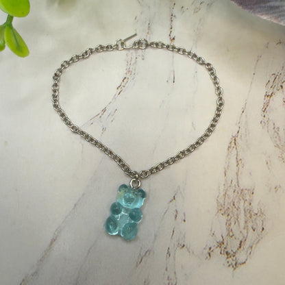 Turquoise Blue Translucent Acrylic Teddy Gummy Bear Charm Silver Chain Doll Necklace 18” Doll Jewelry