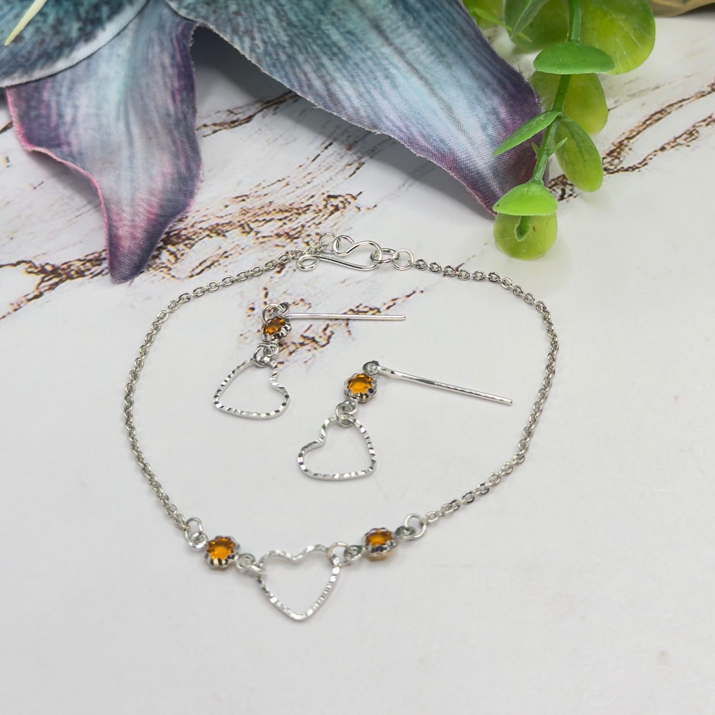 Amber Yellow Crystal Silver OpenHeart Charm Doll Necklace & Earrings • 18 Inch Fashion Doll Jewelry