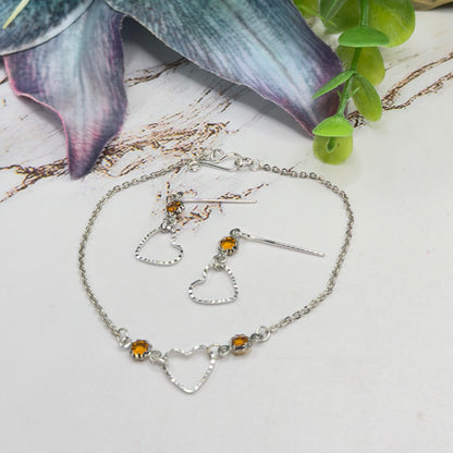 Amber Yellow Crystal Silver OpenHeart Charm Doll Necklace & Earrings • 18 Inch Fashion Doll Jewelry