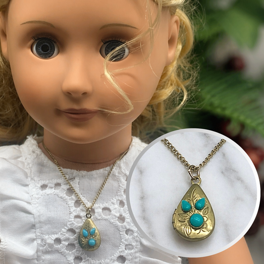 Gold Turquoise Accent Teardrop Locket Doll Necklace • 18” Fashion Doll Jewelry