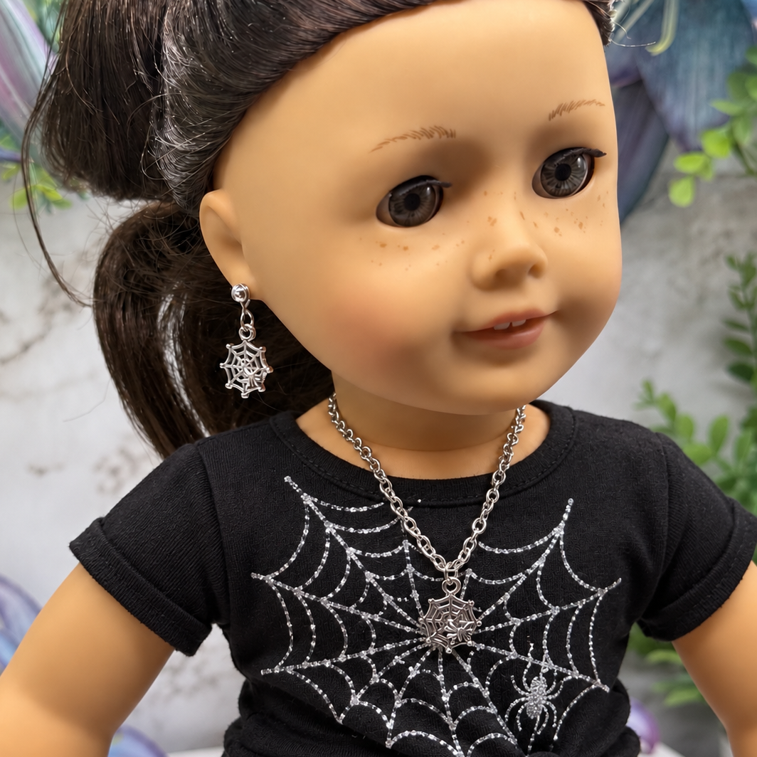 Halloween Silver Spider Web Necklace and 2mm Post Earrings Set | for 18 Inch Dolls • American Girl