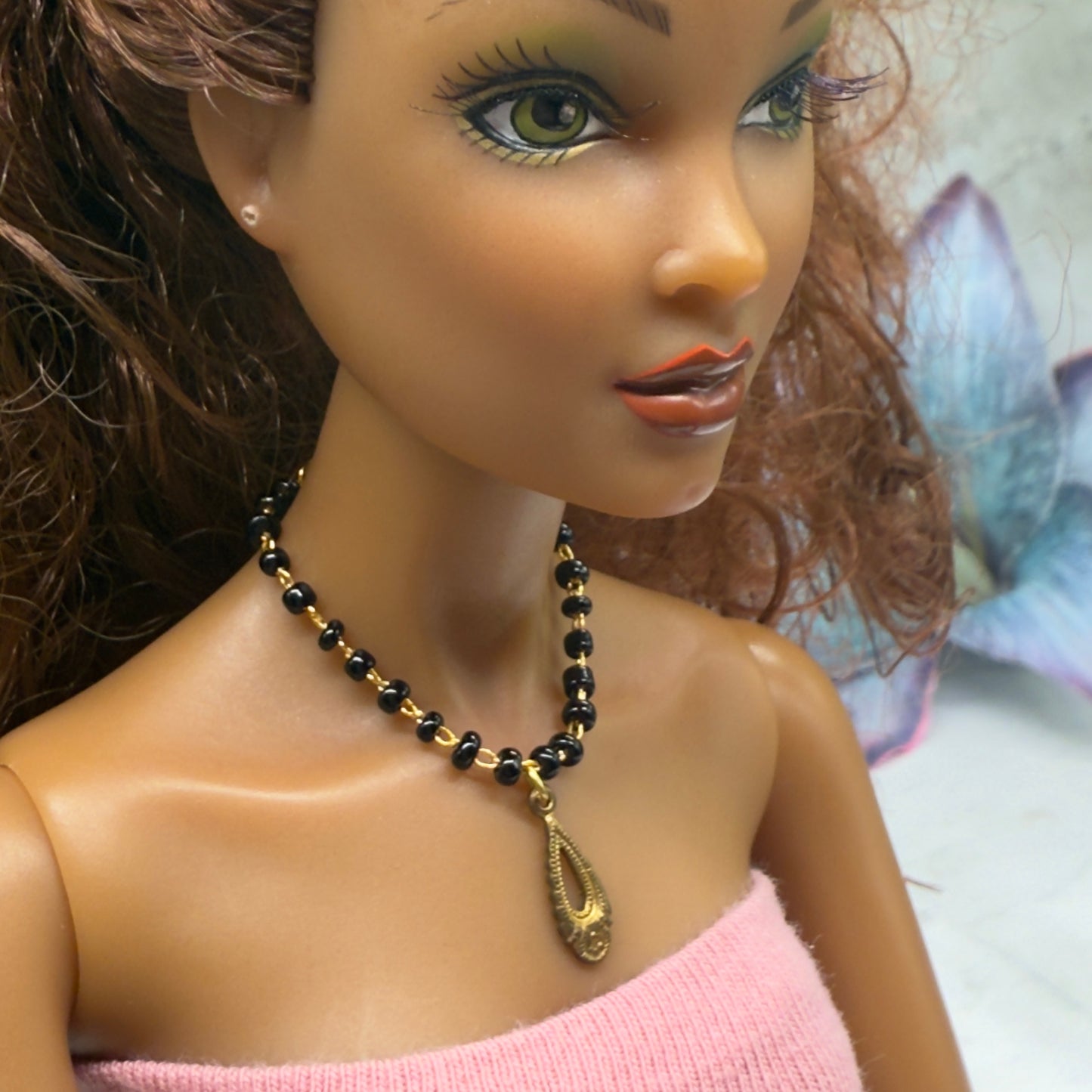 Black Glass Beaded Gold Teardrop Pendant Doll Necklace • 16 Inch Fashion Doll Jewelry