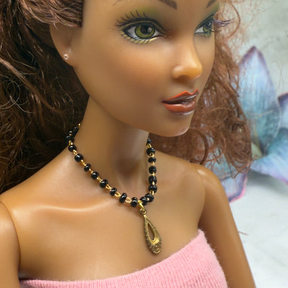 Black Glass Beaded Gold Teardrop Pendant Doll Necklace • 16 Inch Fashion Doll Jewelry