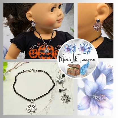 Silver Spider Web Charm Black Rhinestone Doll Necklace & 2mm Post Earrings | for 18 Inch Dolls • American Girl