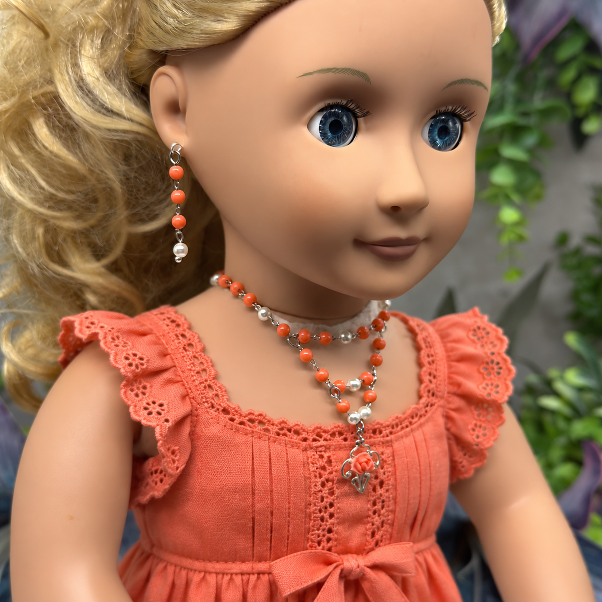 Coral Orange & Pearl Filigree Dangle Silver Doll Necklace & Earrings • 18 Inch Fashion Doll Jewelry