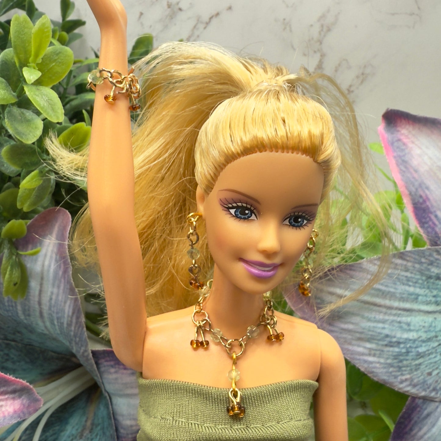 Green Brown Glass Dangle Doll Necklace Earrings Bracelet Set • 10-12” 1:6 Fashion Doll Jewelry