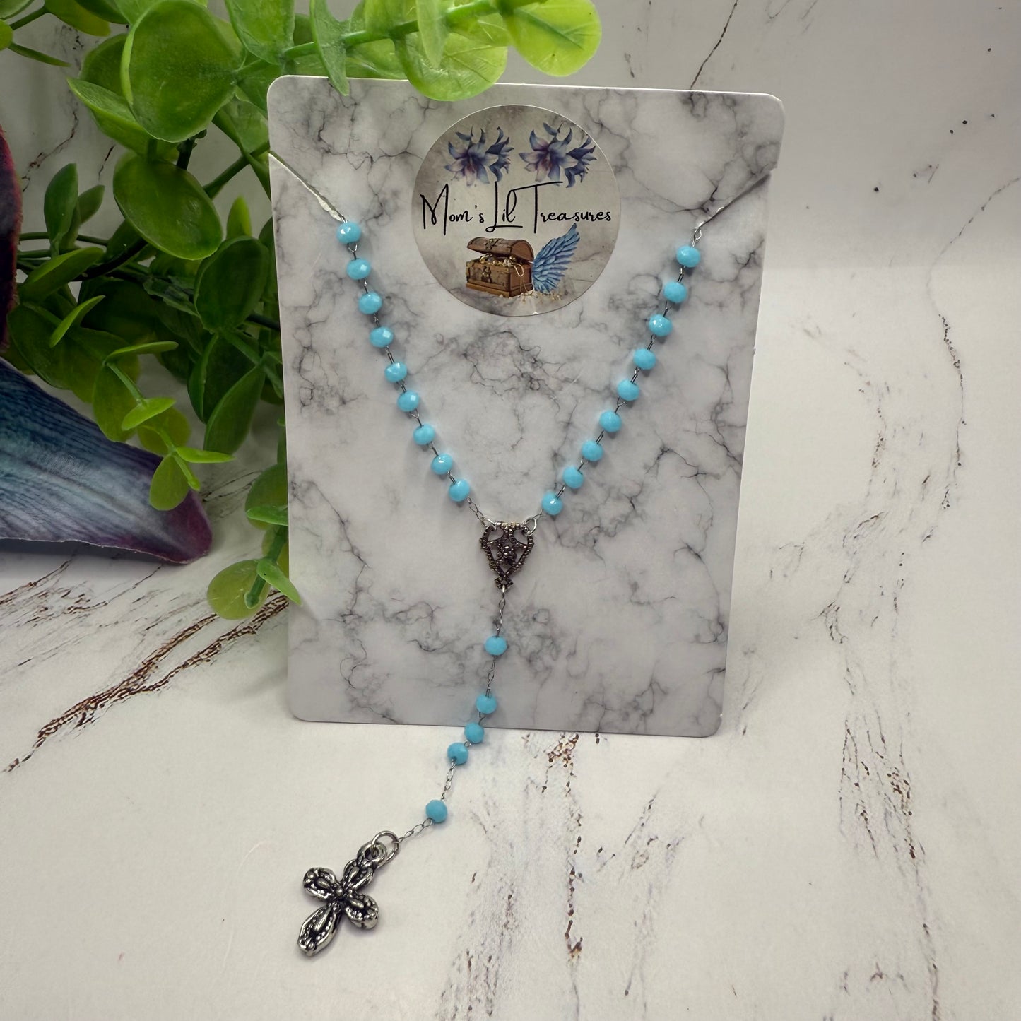 Turquoise Blue Glass Crystal Beaded Silver Chain & Cross • Doll Size Catholic Rosary for 18-22” Fashion or Vintage Dolls