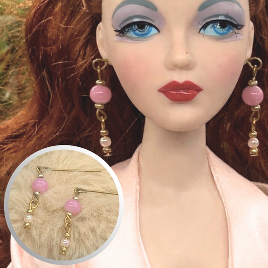 Pink Glass Pearl Gold Dangle Doll Earrings •  16 Inch Fashion Doll Jewelry