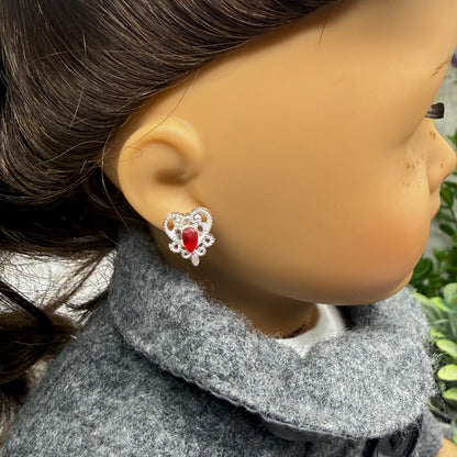 Red Rhinestone Silver Filigree Heart Post Doll Earrings • 2mm and Post for 18 Inch Fashion Doll