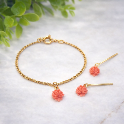 Coral Acrylic Rose Flower Charm Gold Chain Doll Necklace & Earrings • 16 Inch Fashion Doll Jewelry