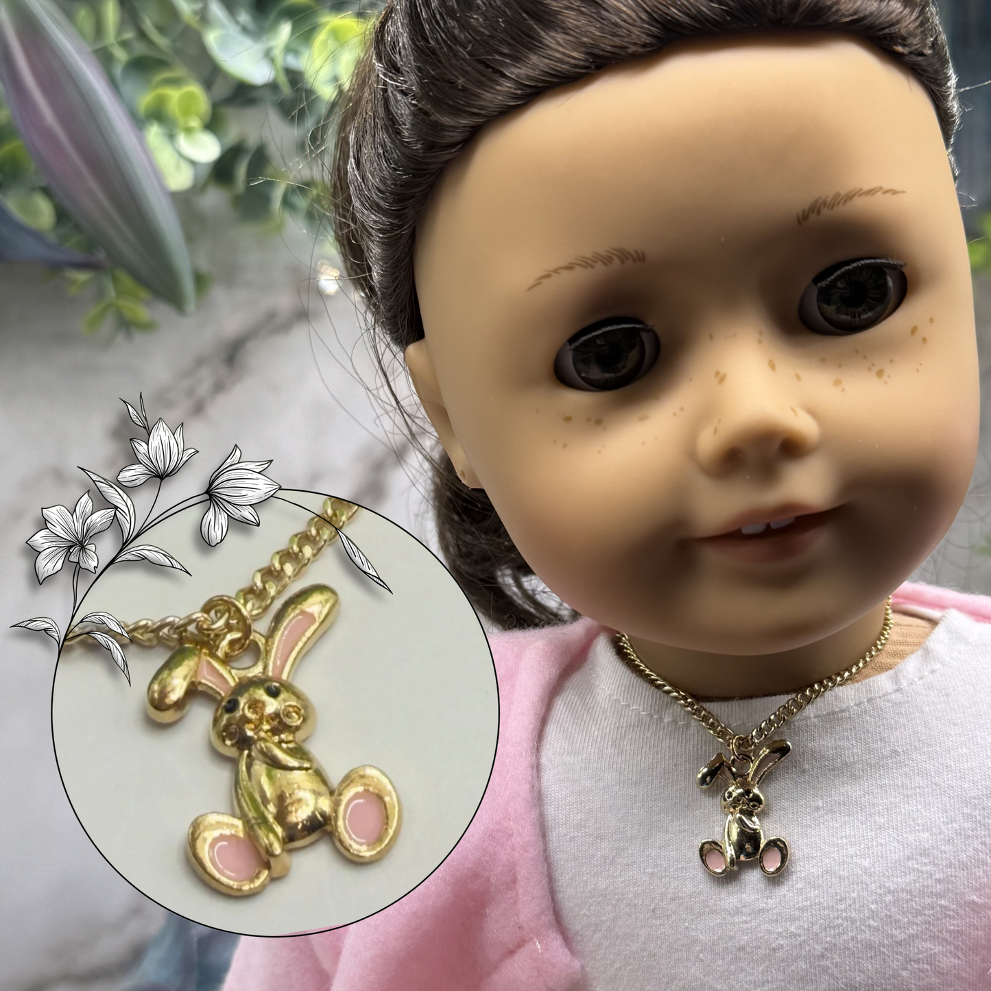 Gold Floppy Ear Bunny Light Pink Enamel Accent Charm Doll Necklace • 18 Inch Fashion Doll Jewelry